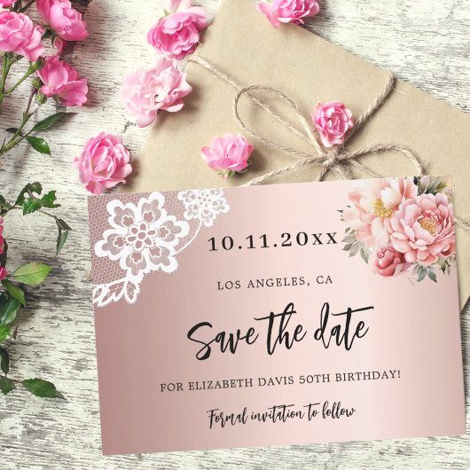 Roos Goud Roze Bloemen Kant Birthday Save The Date