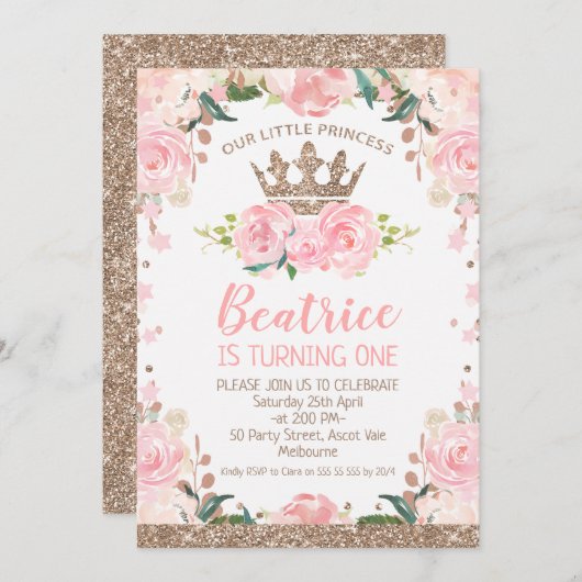 Roos Goud Roze Bloemen Prinses 1e Verjaardag Kaart (Voorkant / Achterkant)