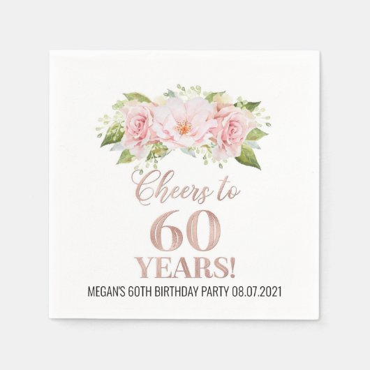 Roos Goud Roze Bloemen Proost op 60 Jaar Verjaarda Servet (Voorkant)