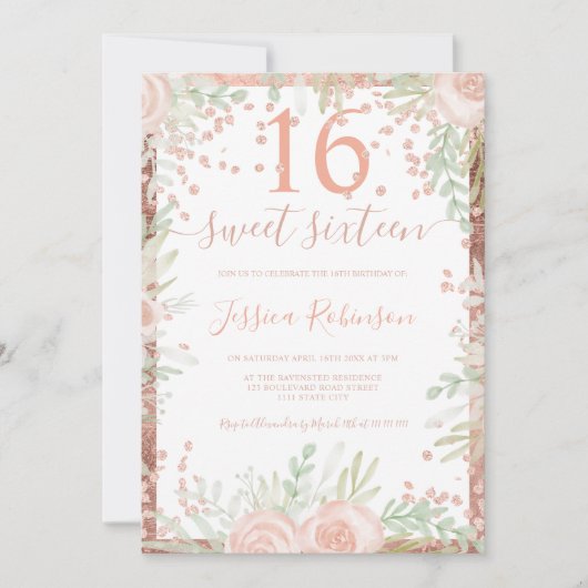 Roos goud roze bloemen waterverf Sweet 16 foto Kaart (Voorkant)