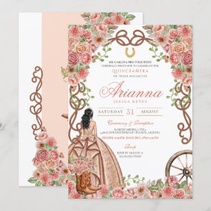 Roos Goud Roze Bloemen Western Charro Quinceanera Kaart