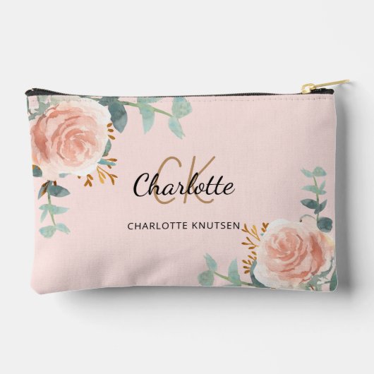Roos Goud Roze Bloemengroen Naam Monogram Etui (Achterkant)