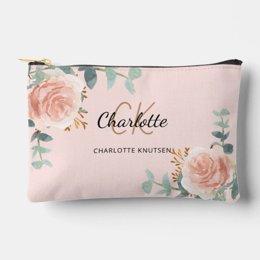 Roos Goud Roze Bloemengroen Naam Monogram Etui (Voorkant)