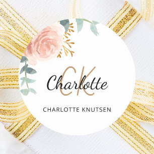 Roos Goud Roze Bloemengroen Naam Monogram Ronde Sticker