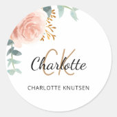 Roos Goud Roze Bloemengroen Naam Monogram Ronde Sticker (Voorkant)