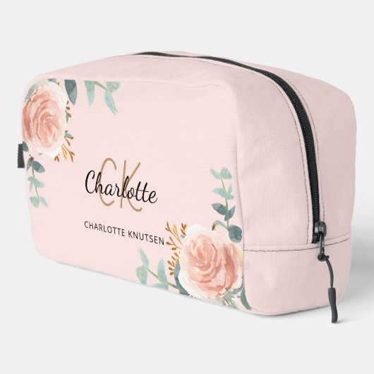 Roos Goud Roze Bloemengroen Naam Monogram Toilettasje (Rechterhoek)