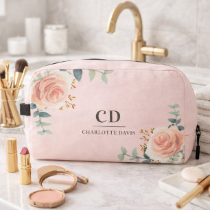 Roos Goud Roze Bloemengroen Naam Monogram Toilettasje