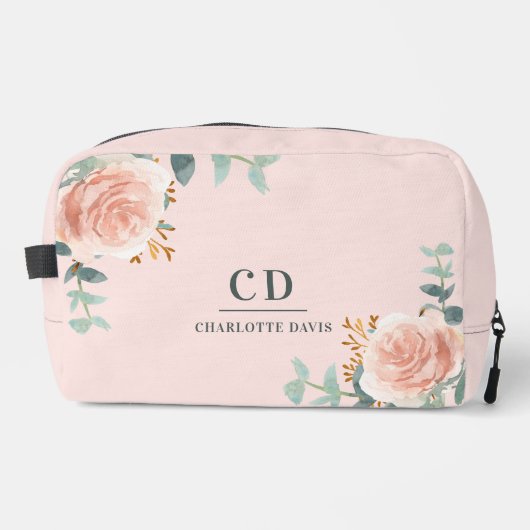 Roos Goud Roze Bloemengroen Naam Monogram Toilettasje (Voorkant)