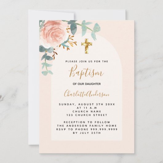 Roos goud roze bloemenmeisje cross Doop Kaart (Voorkant)