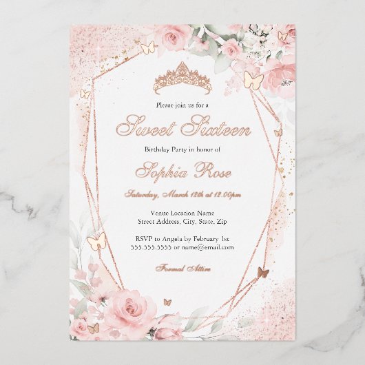 Roos goud Roze Blush Vlinder Bloemzoet 16 Folie Uitnodiging (Voorkant)