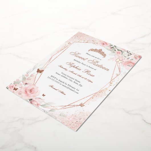 Roos goud Roze Blush Vlinder Bloemzoet 16 Folie Uitnodiging (Gedraaid)
