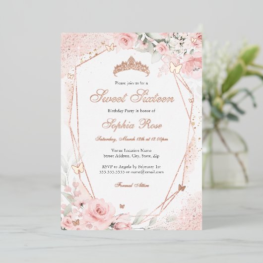 Roos goud Roze Blush Vlinder Bloemzoet 16 Folie Uitnodiging (Staand Voorkant)