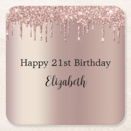 Roos Goud Roze Dripping Glitter 21e Verjaardag Kartonnen Onderzetters