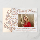 Roos Goud Roze Elegant Swirl Foto Afstuderen Folie Uitnodiging (Voorkant)