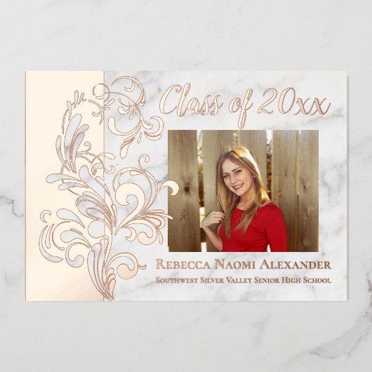 Roos Goud Roze Elegant Swirl Foto Afstuderen Folie Uitnodiging (Voorkant)