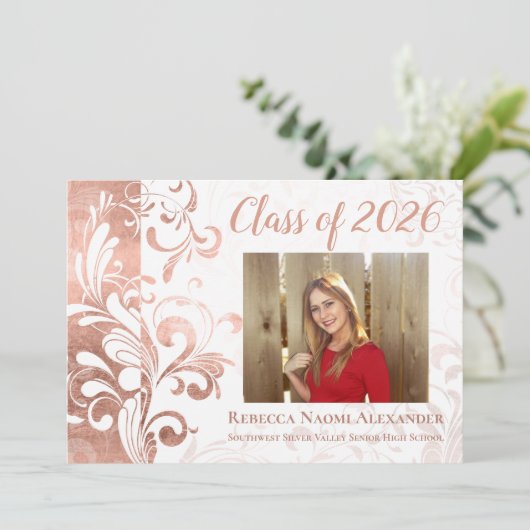 Roos Goud Roze Elegant Werveltje Foto 2025 Afstude Kaart (Staand voorkant)