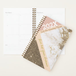 Roos Goud Roze Faux Marmer Trendy Jaarlijks Planner