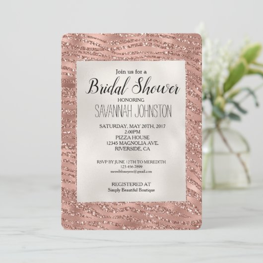 Roos Goud Roze Glam Glitter Zebra Bridal Kaart (Staand voorkant)