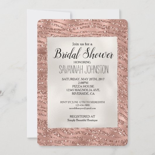 Roos Goud Roze Glam Glitter Zebra Bridal Kaart (Voorkant)