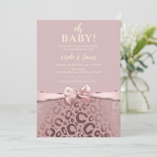 Roos Goud Roze Glam Leopard Print Baby shower Kaart (Staand voorkant)