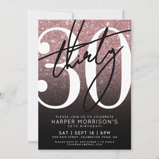 Roos Goud Roze Glitter 30e Verjaardag Kaart (Voorkant)