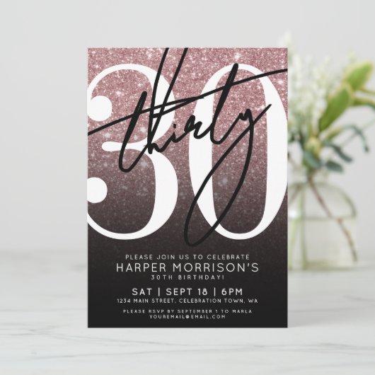 Roos Goud Roze Glitter 30e Verjaardag Kaart (Staand voorkant)