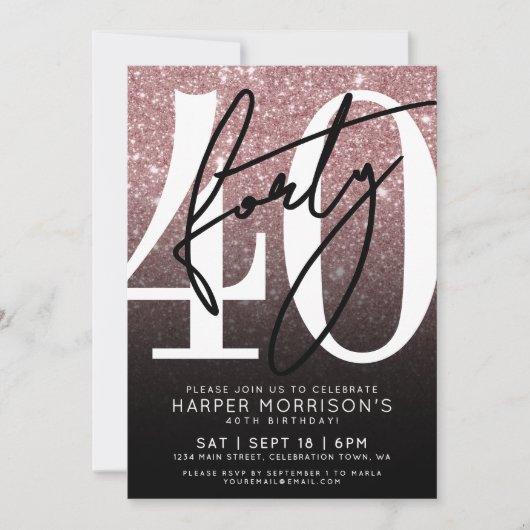 Roos Goud Roze Glitter 40e Verjaardag Kaart (Voorkant)