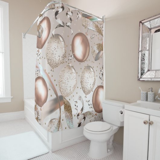 Roos Goud Roze & Glitter Ballonnen Douchegordijn (In situ)