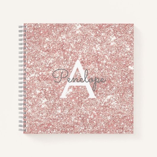 Roos Goud Roze Glitter en Monogram Schetsboek Notitieboek (Voorkant)