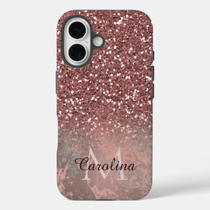 Roos Goud Roze Glitter, Grijs Marmer, Gepersonalis iPhone 16 Hoesje