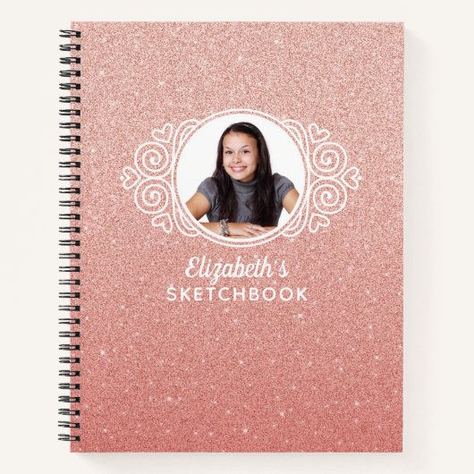Roos Goud Roze Glitter Monogram Foto Sketchbook Notitieboek (Voorkant)