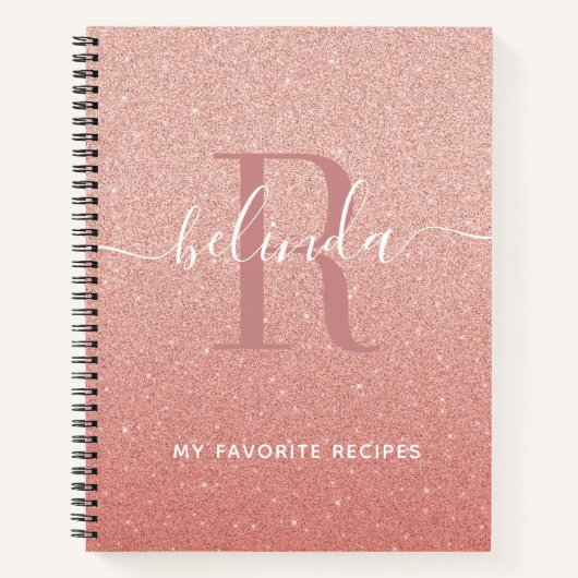 Roos Goud Roze Glitter Monogram Recept Kookboek Notitieboek (Voorkant)