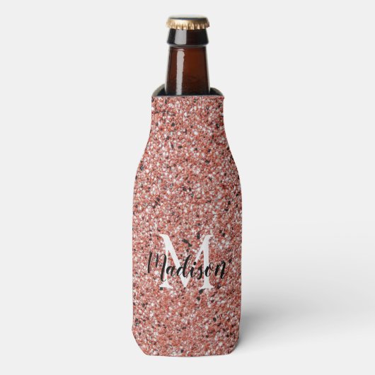 Roos Goud Roze Glitter Sparkle Monogram Naam Flesjeskoeler (Fles Voorkant)