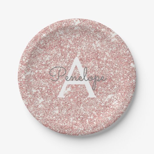  Roos Goud Roze Glitter Sparkle Monogram Papieren Bordje (Voorkant)