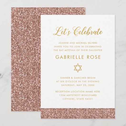 Roos Goud Roze Glitter Strips Mitzvah Receptie Kaart (Voorkant / Achterkant)