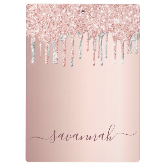 Roos goud roze glitter zilver script naam klembord (Achterkant)