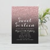 Roos Goud Roze Glitter & Zwart Sweet 16 Party Kaart (Staand voorkant)