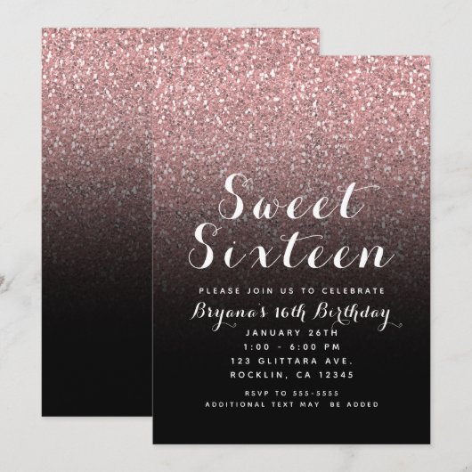 Roos Goud Roze Glitter & Zwart Sweet 16 Party Kaart (Voorkant / Achterkant)