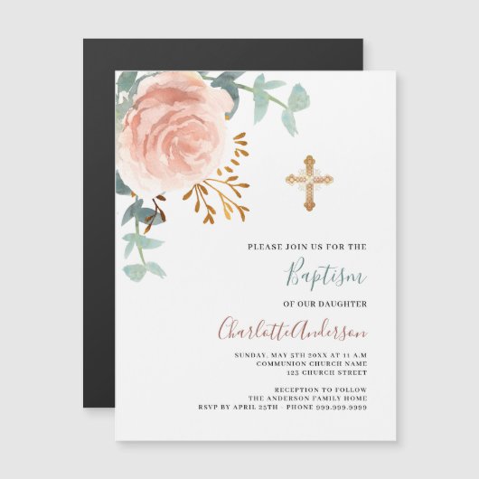 Roos goud roze groen goud luxe doop magnetische uitnodiging (Voorkant / Achterkant)