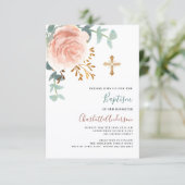 Roos goud roze groen gouden kruis doop kaart (Staand voorkant)