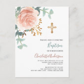 Roos goud roze groen gouden kruis doop uitnodiging briefkaart (Voorkant)