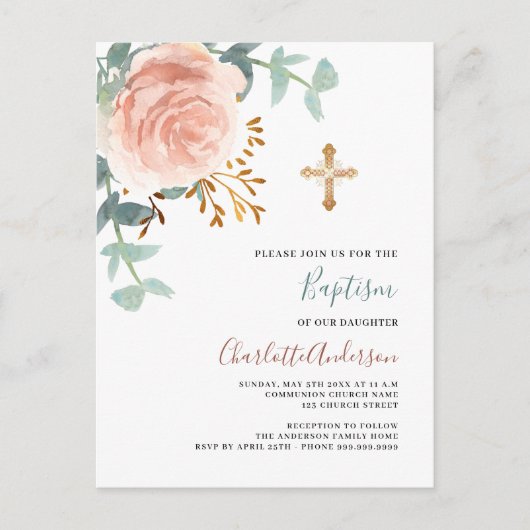 Roos goud roze groen gouden kruis doop uitnodiging briefkaart (Voorkant)