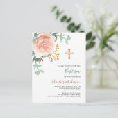 Roos goud roze groen gouden kruis doop uitnodiging briefkaart (Staand voorkant)