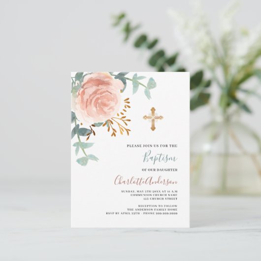 Roos goud roze groen gouden kruis doop uitnodiging briefkaart (Staand voorkant)