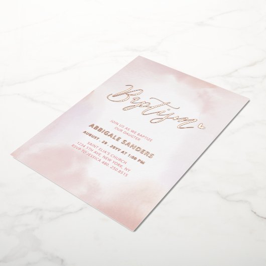 Roos Goud & Roze Hart Meisje Doop Folie Uitnodiging (Gedraaid)