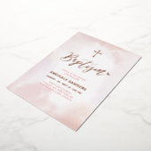 Roos Goud & Roze Hart Meisje Doop Folie Uitnodiging (Gedraaid)