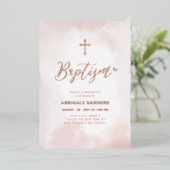 Roos Goud & Roze Hart Meisje Doop Folie Uitnodiging (Staand Voorkant)