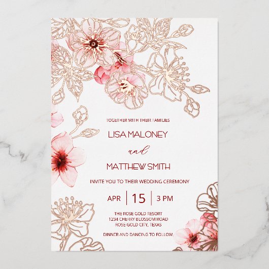 Roos Goud Roze Kersenbloesem Huwelijk Folie Uitnodiging (Voorkant)