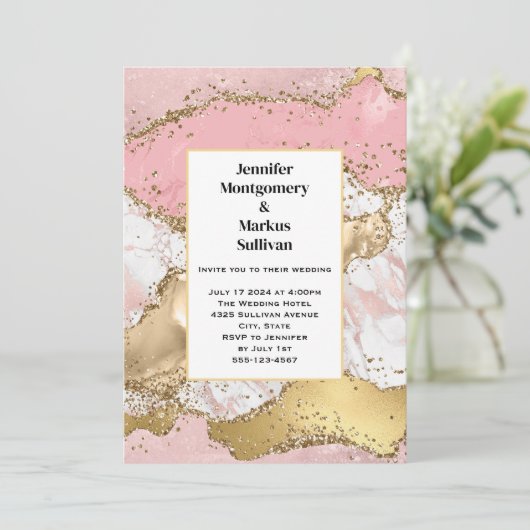 Roos Goud Roze Marmer Abstract Bruiloft Kaart (Staand voorkant)
