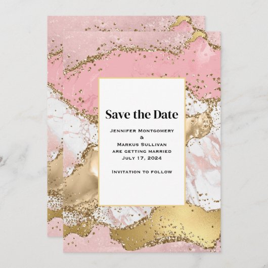 Roos Goud Roze Marmer Abstract Bruiloft Save The Date (Voorkant / Achterkant)
